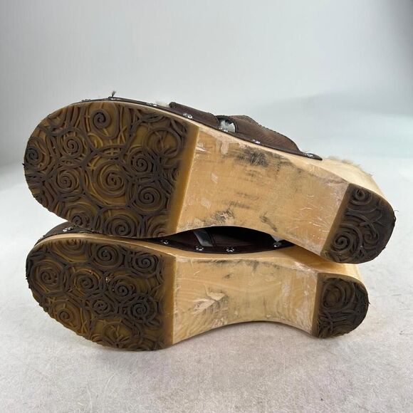 Ugg Australia Ore Fisherman Clogs US 7 Brown Leather Sherpa Lined Wooden Mules - Picture 9 of 11